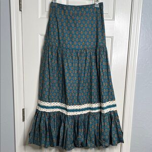 NWT Luna Moon Tiered Maxi Skirt Teal Orange Floral Lace Trim Boho Festival small